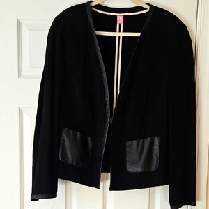 Basler Black collarless Jacket, Leather-like Accents, US 14- EU 48, Excel. Cond.